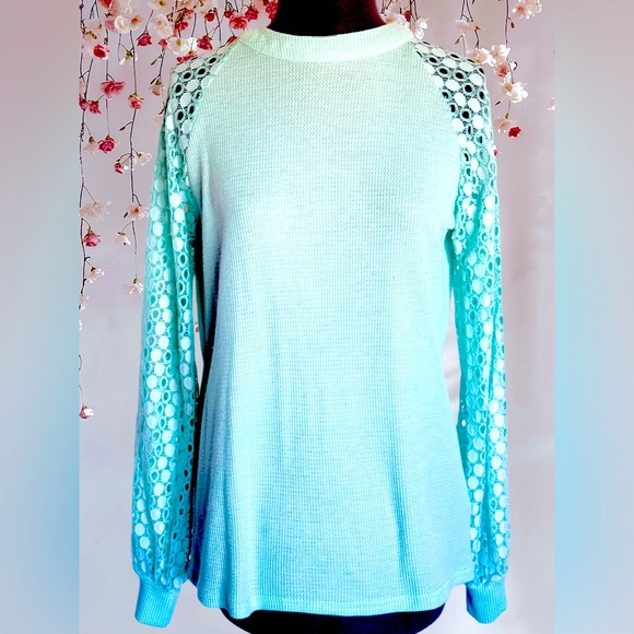 Miholl Waffle Knit Sea Foam Green Top With Lace Long Dolman Puff Sleeves… - Picture 1 of 4